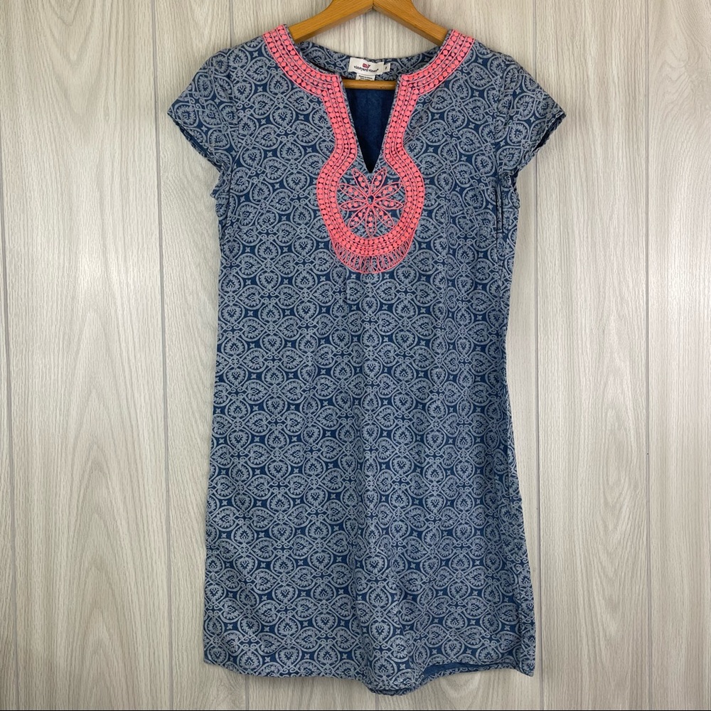 Vineyard Vines Blue Patterned Embroidered Linen Blend Short Sleeve Tunic Dress